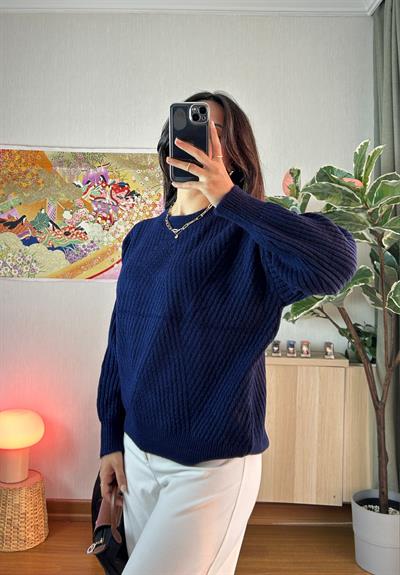 Riya Çizgili Oversize Kazak Lacivert