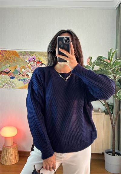 Riya Çizgili Oversize Kazak Lacivert