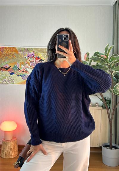 Riya Çizgili Oversize Kazak Lacivert