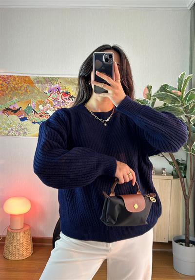 Riya Çizgili Oversize Kazak Lacivert