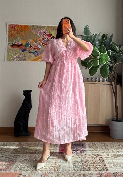 Saika Dokulu Elbise Pembe