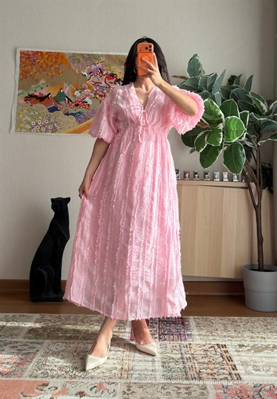 Saika Dokulu Elbise Pembe