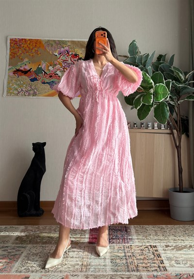 Saika Dokulu Elbise Pembe