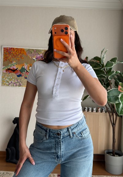 Sare Çıtlı Basic T-Shirt Beyaz