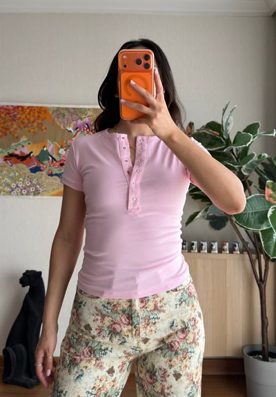 Sare Çıtlı Basic T-Shirt Pembe