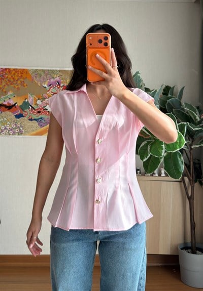 Sein Kolsuz V Yaka Gömlek Pembe