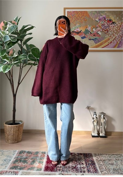 Seina Oversize Dökümlü Kazak Bordo