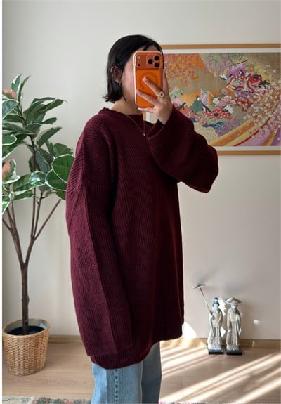 Seina Oversize Dökümlü Kazak Bordo