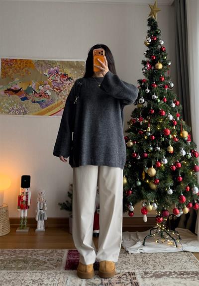 Seina Oversize Dökümlü Kazak Füme