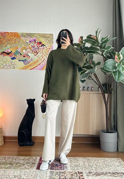 Seina Oversize Dökümlü Kazak Haki