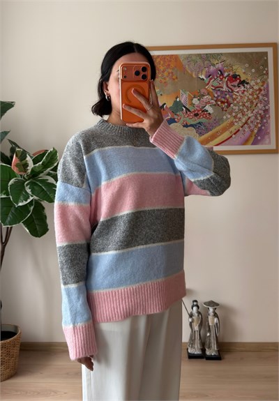 Simli Çizgili Bisiklet Yaka Oversize Kazak Gri