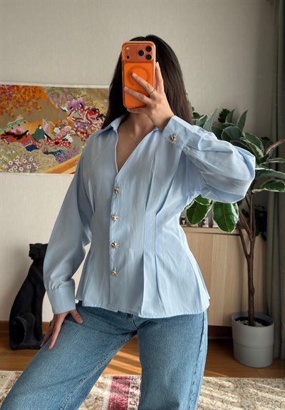 Siray Büzgü Detaylı Gömlek Bebe Mavi