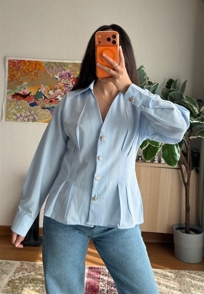 Siray Büzgü Detaylı Gömlek Bebe Mavi