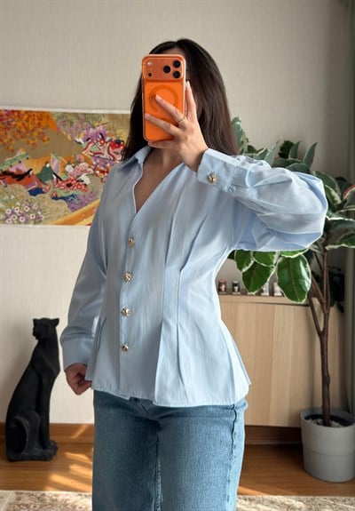 Siray Büzgü Detaylı Gömlek Bebe Mavi