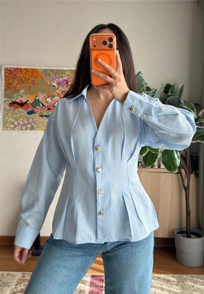 Siray Büzgü Detaylı Gömlek Bebe Mavi