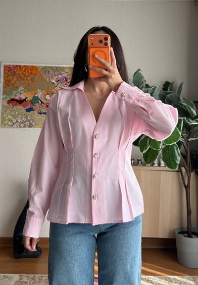 Siray Büzgü Detaylı Gömlek Pembe