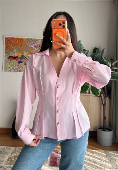 Siray Büzgü Detaylı Gömlek Pembe