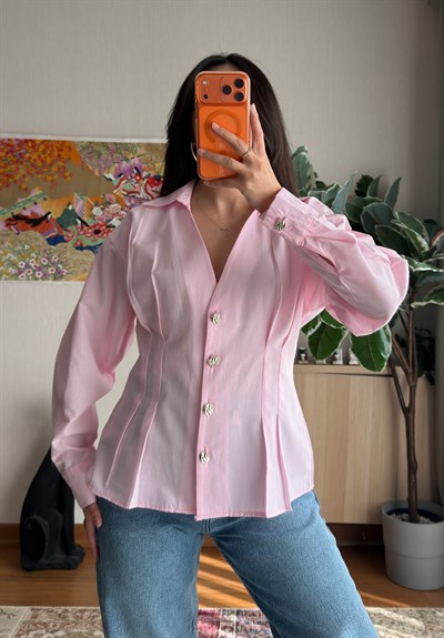 Siray Büzgü Detaylı Gömlek Pembe