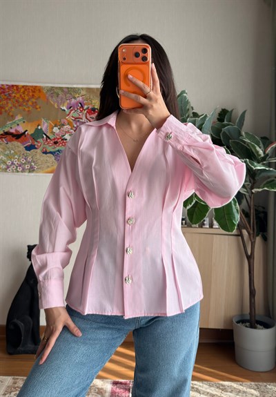 Siray Büzgü Detaylı Gömlek Pembe