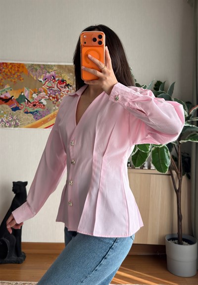 Siray Büzgü Detaylı Gömlek Pembe