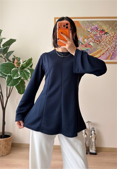 Sırtı Bağcıklı İspanyol Kol Peplum Bluz Lacivert