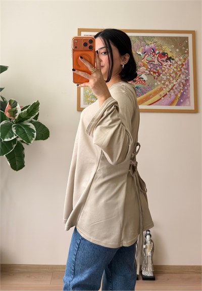 Sırtı Bağcıklı İspanyol Kol Peplum Bluz Bej