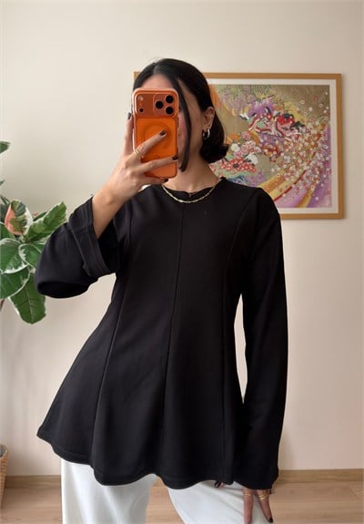 Sırtı Bağcıklı İspanyol Kol Peplum Bluz Siyah