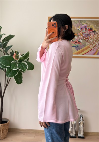 Sırtı Bağcıklı İspanyol Kol Peplum Bluz Pembe
