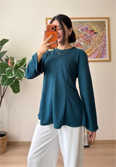 Sırtı Bağcıklı İspanyol Kol Peplum Bluz Petrol Yeşili
