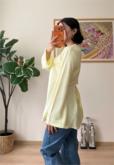 Sırtı Bağcıklı İspanyol Kol Peplum Bluz Sarı