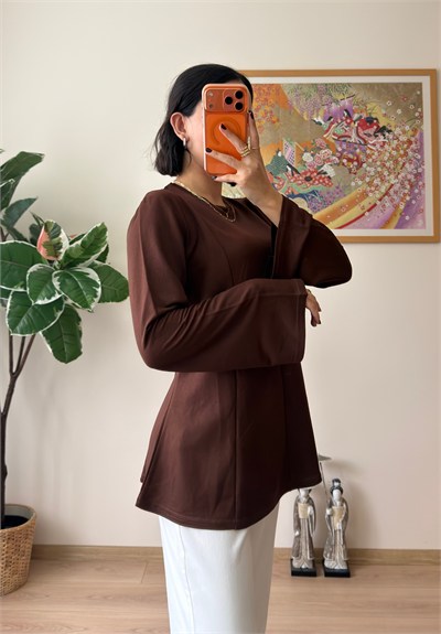 Sırtı Bağcıklı İspanyol Kol Peplum Bluz Kahve