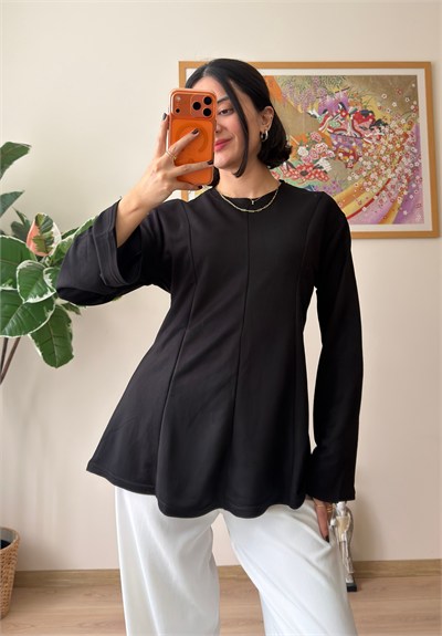 Sırtı Bağcıklı İspanyol Kol Peplum Bluz Siyah