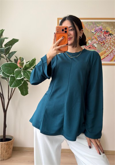 Sırtı Bağcıklı İspanyol Kol Peplum Bluz Petrol Yeşili