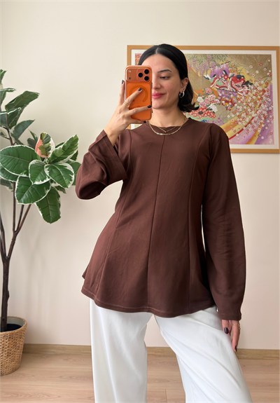 Sırtı Bağcıklı İspanyol Kol Peplum Bluz Kahve
