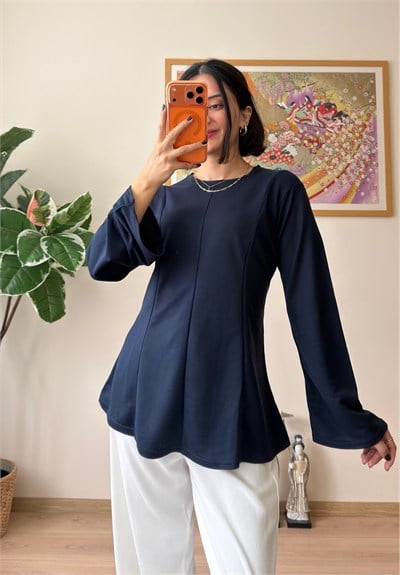 Sırtı Bağcıklı İspanyol Kol Peplum Bluz Lacivert