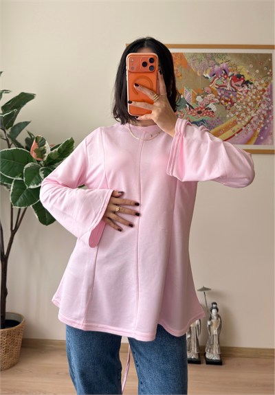 Sırtı Bağcıklı İspanyol Kol Peplum Bluz Pembe