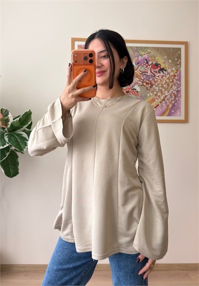 Sırtı Bağcıklı İspanyol Kol Peplum Bluz Bej