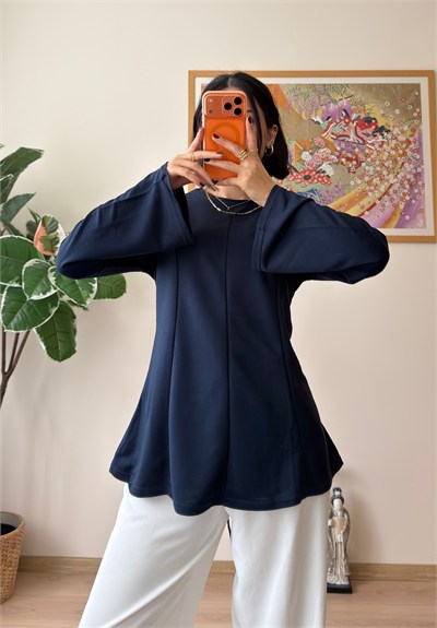 Sırtı Bağcıklı İspanyol Kol Peplum Bluz Lacivert