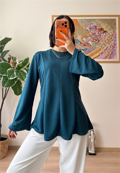 Sırtı Bağcıklı İspanyol Kol Peplum Bluz Petrol Yeşili