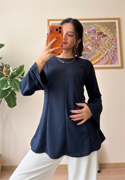 Sırtı Bağcıklı İspanyol Kol Peplum Bluz Lacivert