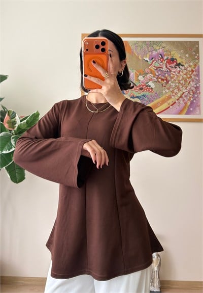 Sırtı Bağcıklı İspanyol Kol Peplum Bluz Kahve