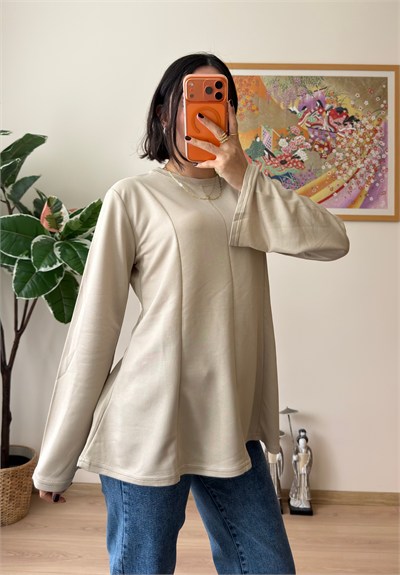 Sırtı Bağcıklı İspanyol Kol Peplum Bluz Bej