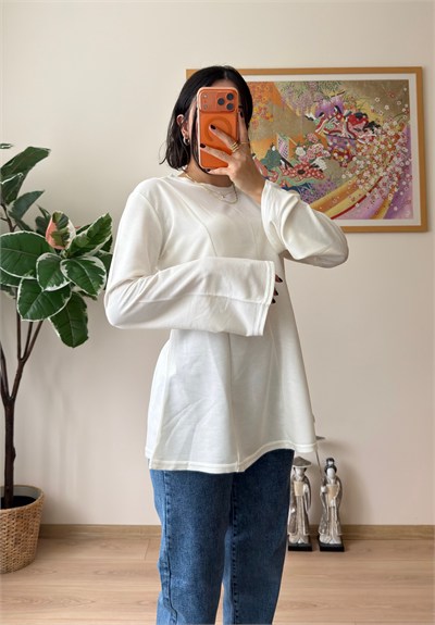Sırtı Bağcıklı İspanyol Kol Peplum Bluz Ekru