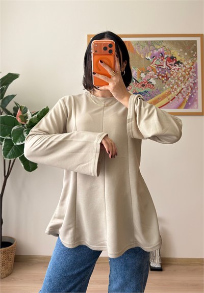 Sırtı Bağcıklı İspanyol Kol Peplum Bluz Bej