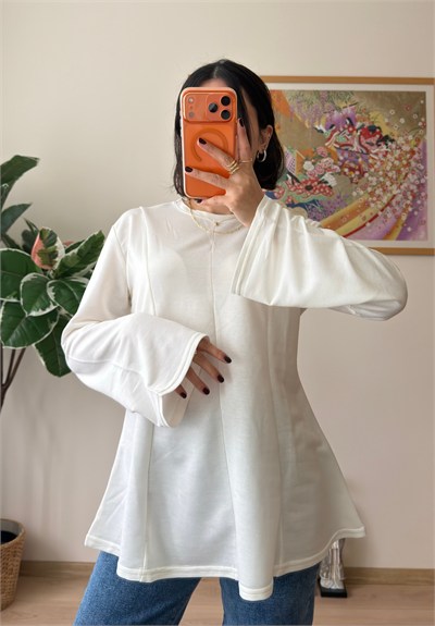 Sırtı Bağcıklı İspanyol Kol Peplum Bluz Ekru