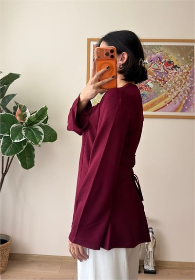 Sırtı Bağcıklı İspanyol Kol Peplum Bluz Bordo