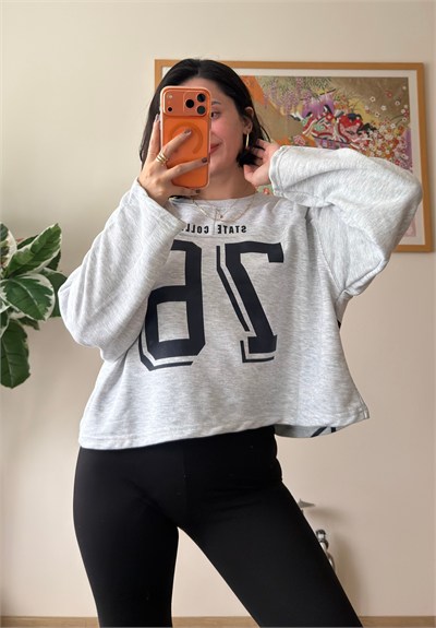 Sırtı Yıldız Baskılı Üç İplik Oversize Sweatshirt Gri