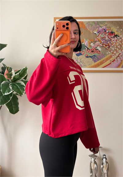 Sırtı Yıldız Baskılı Üç İplik Oversize Sweatshirt Kırmızı