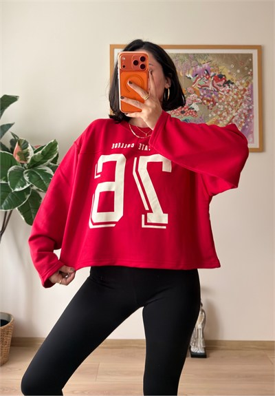 Sırtı Yıldız Baskılı Üç İplik Oversize Sweatshirt Kırmızı