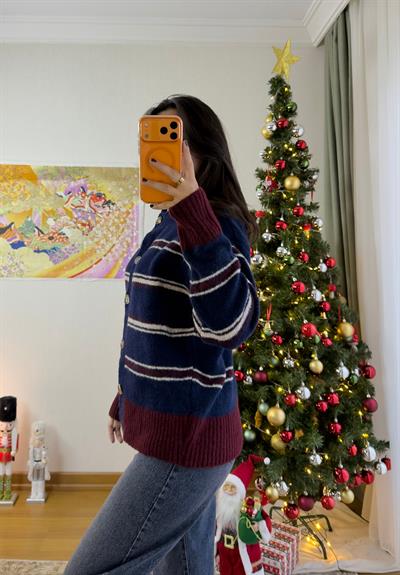 Sora Çizgi Detaylı Hırka Lacivert